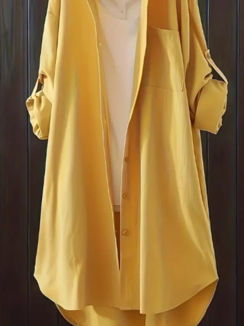 Women's Yellow Solid Patch Pocket Long Sleeve Button Front Shirt- Casual Blouse